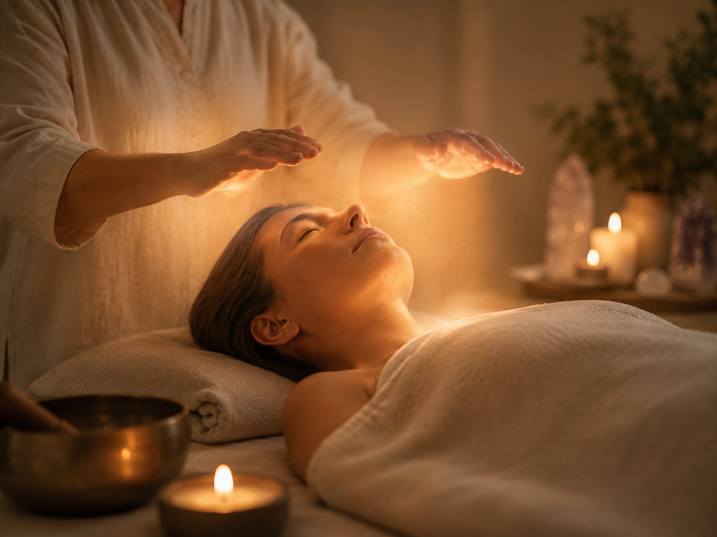 Reiki energy healing session with glowing hands