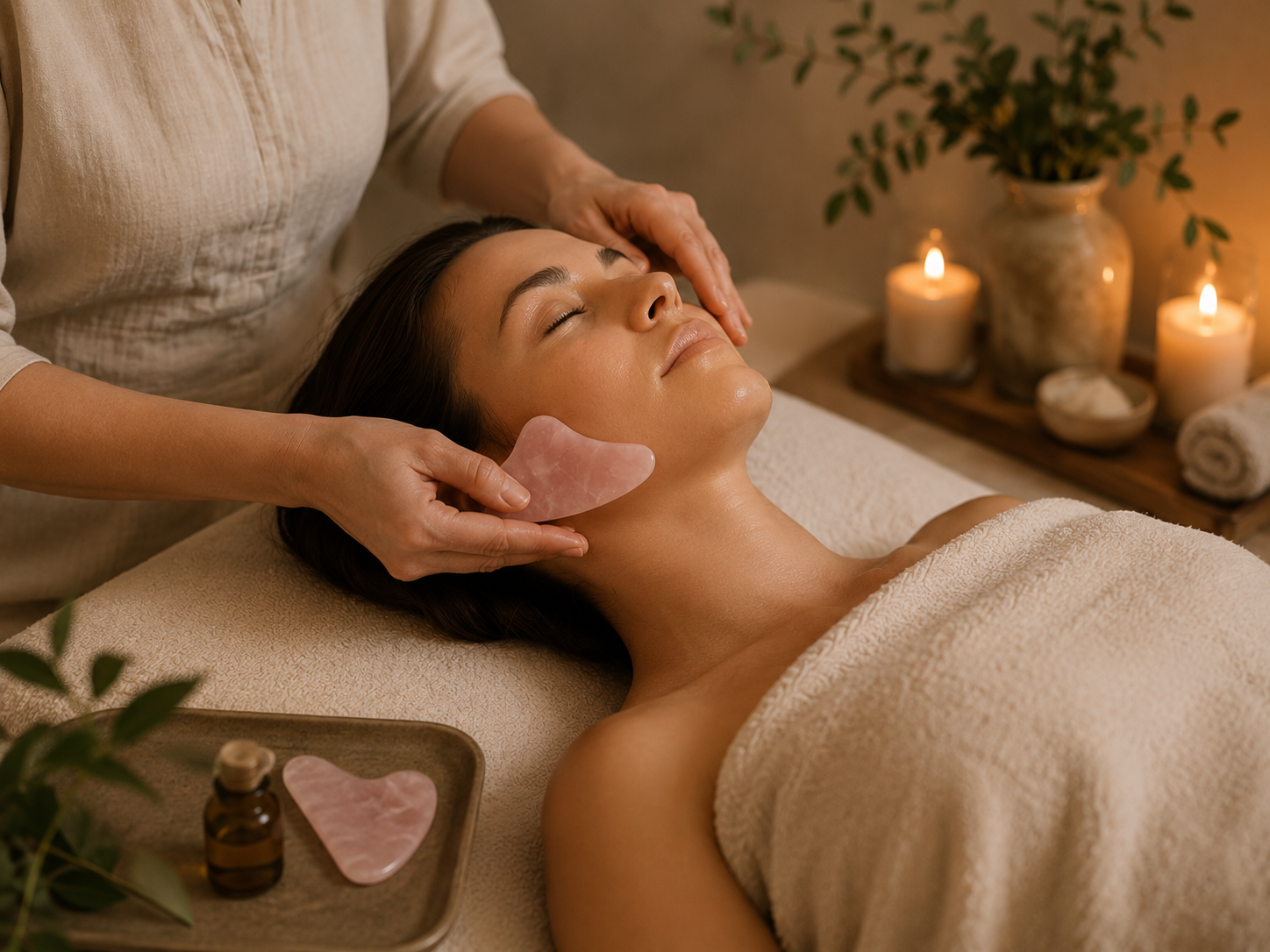 Restorative facial treatment with gua sha